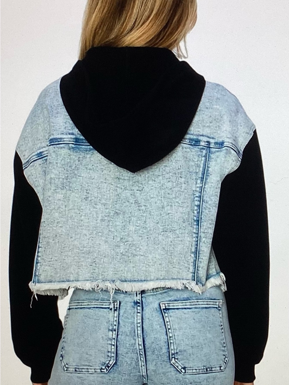 Risen Cropped Acid Wash Denim Jacket with Black Hoodie and Sleeves - Picture 2 of 2